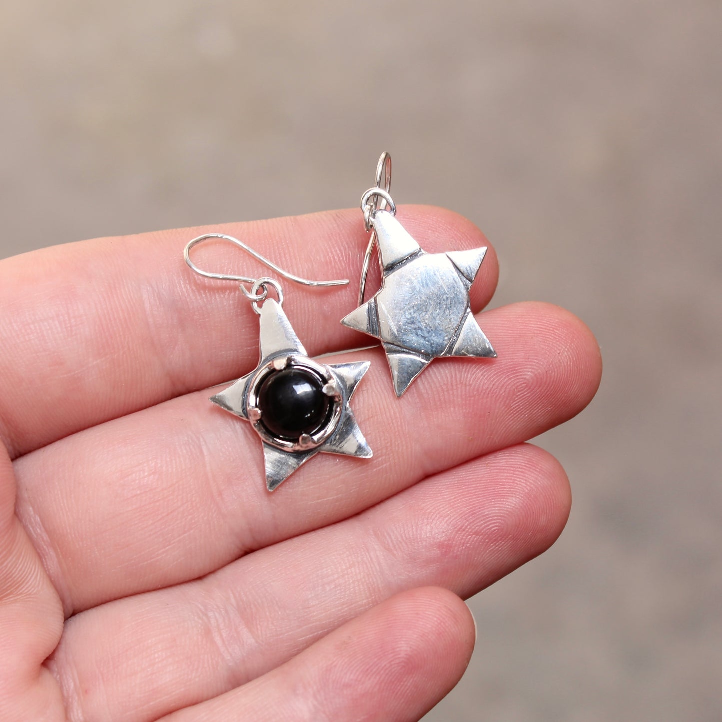 Black Onyx and Sterling Silver Star Earrings - Rustic Whimsical Goth