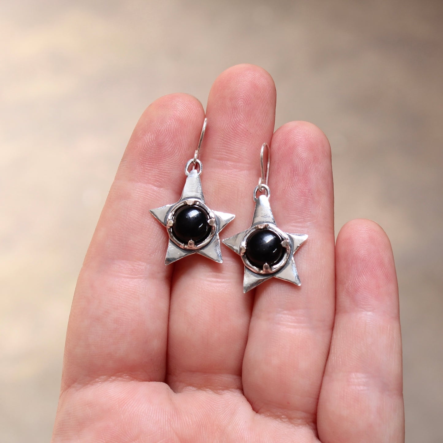 Black Onyx and Sterling Silver Star Earrings - Rustic Whimsical Goth