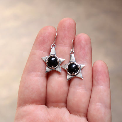 Black Onyx and Sterling Silver Star Earrings - Rustic Whimsical Goth
