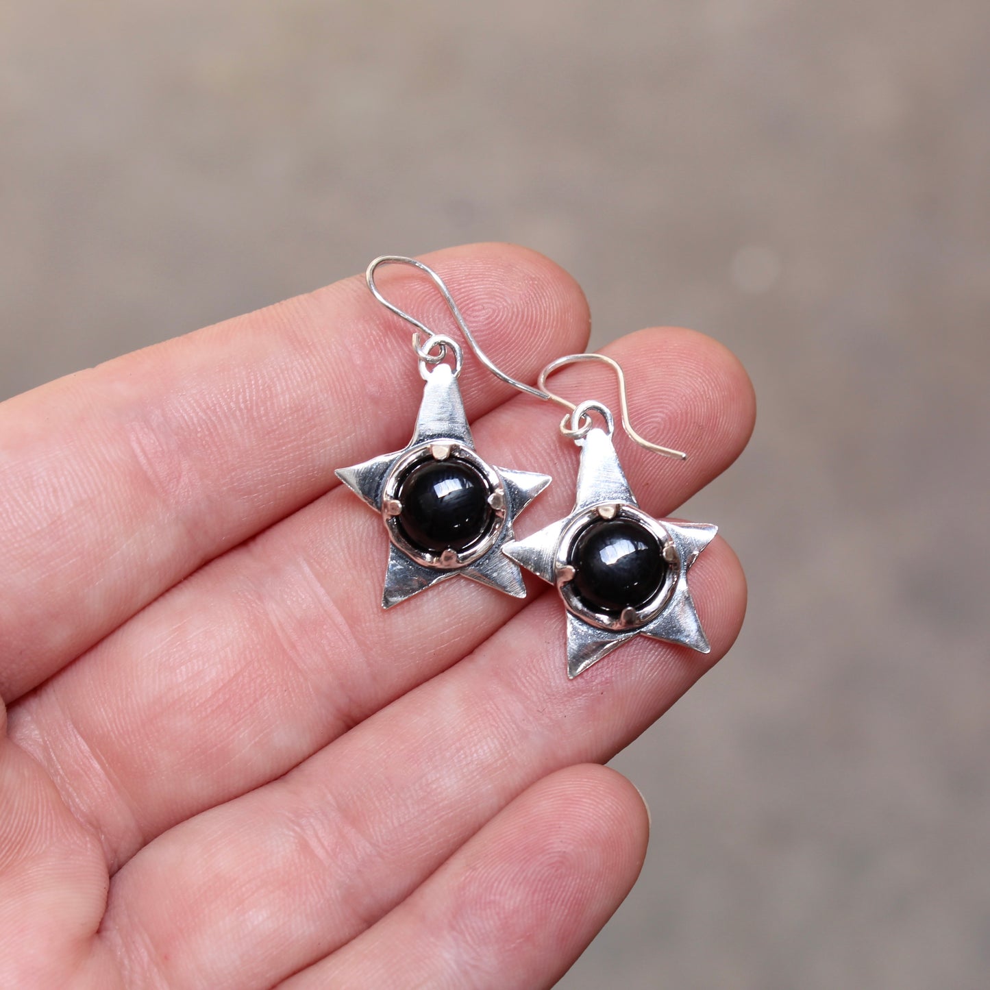 Black Onyx and Sterling Silver Star Earrings - Rustic Whimsical Goth