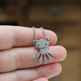 Cat-Creature Pewter Necklace - Cat Octopus Hybrid Pendant on Adjustable Stainless Steel Chain