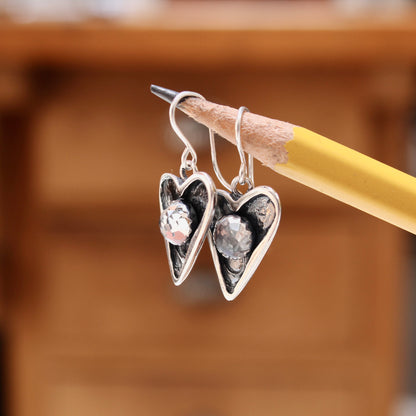 Sterling Silver Heart-Shaped Earrings with Rose Cut Topaz