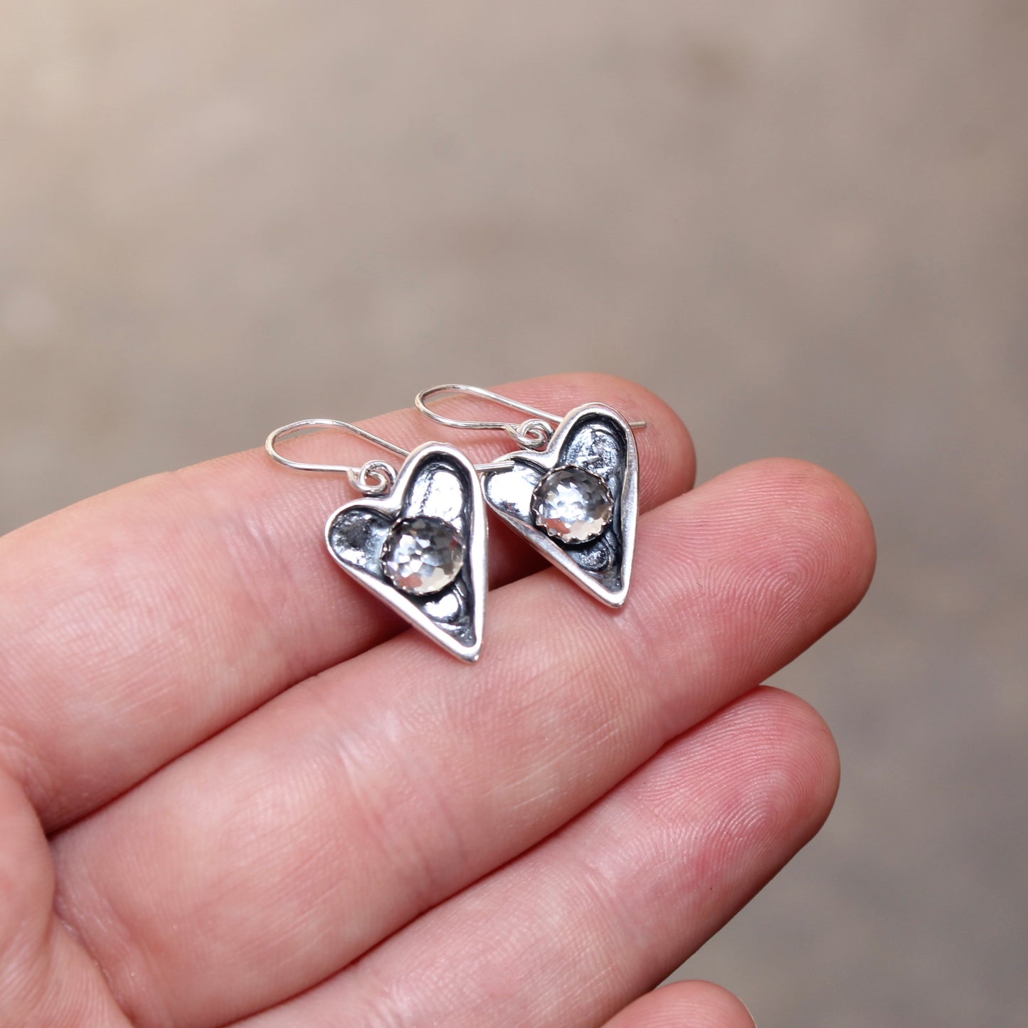 Sterling Silver Heart-Shaped Earrings with Rose Cut Topaz