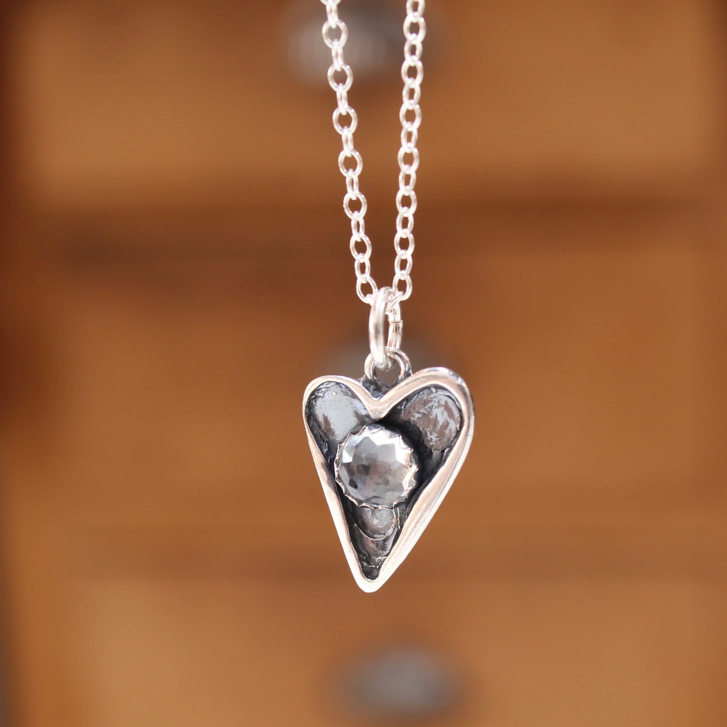 Heart Pendant with Brilliant Rose Cut Topaz on Adjustable Sterling Chain