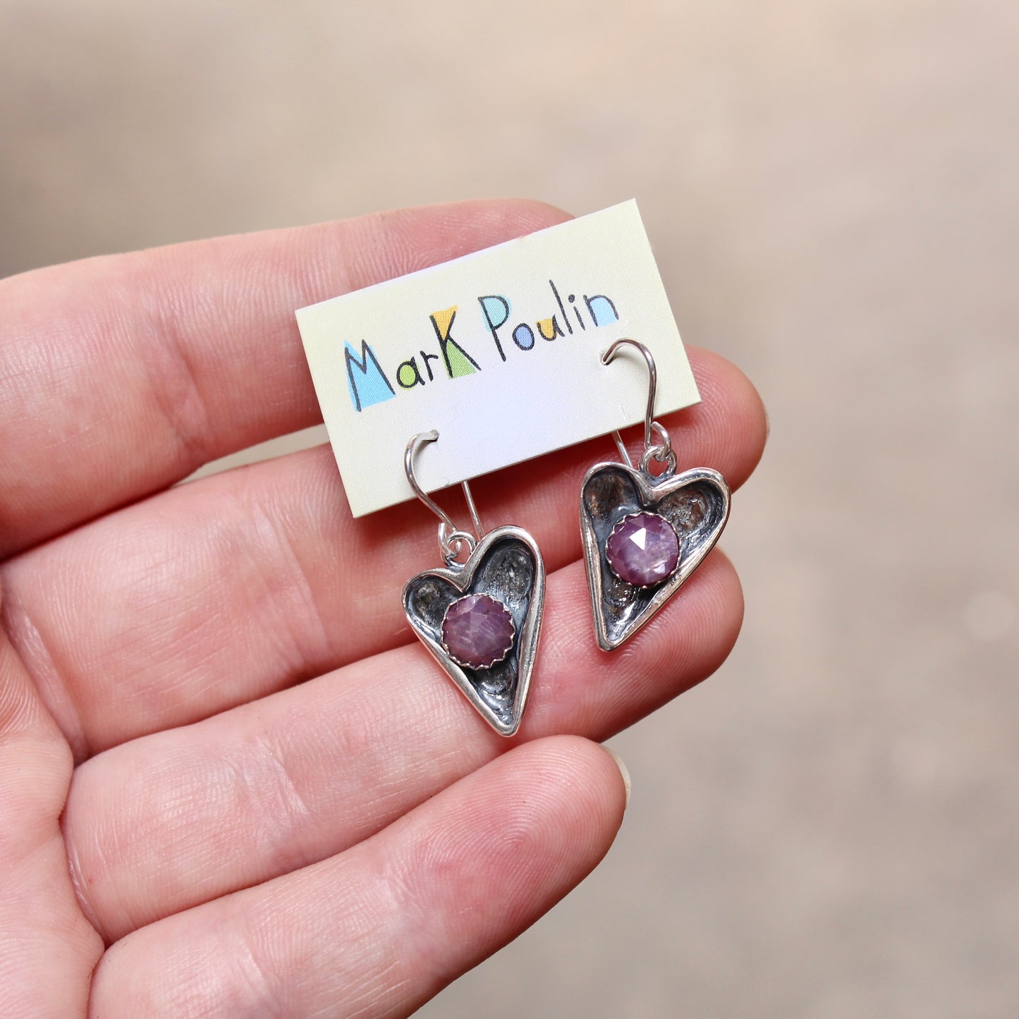 Sterling Silver Heart-Shaped Earrings with Pink Star Sapphires