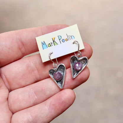 Sterling Silver Heart-Shaped Earrings with Pink Star Sapphires
