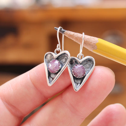 Sterling Silver Heart-Shaped Earrings with Pink Star Sapphires