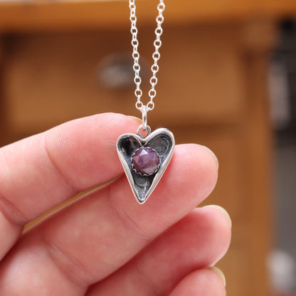 Heart Pendant with Rose Cut Pink Star Sapphire on Adjustable Sterling Chain