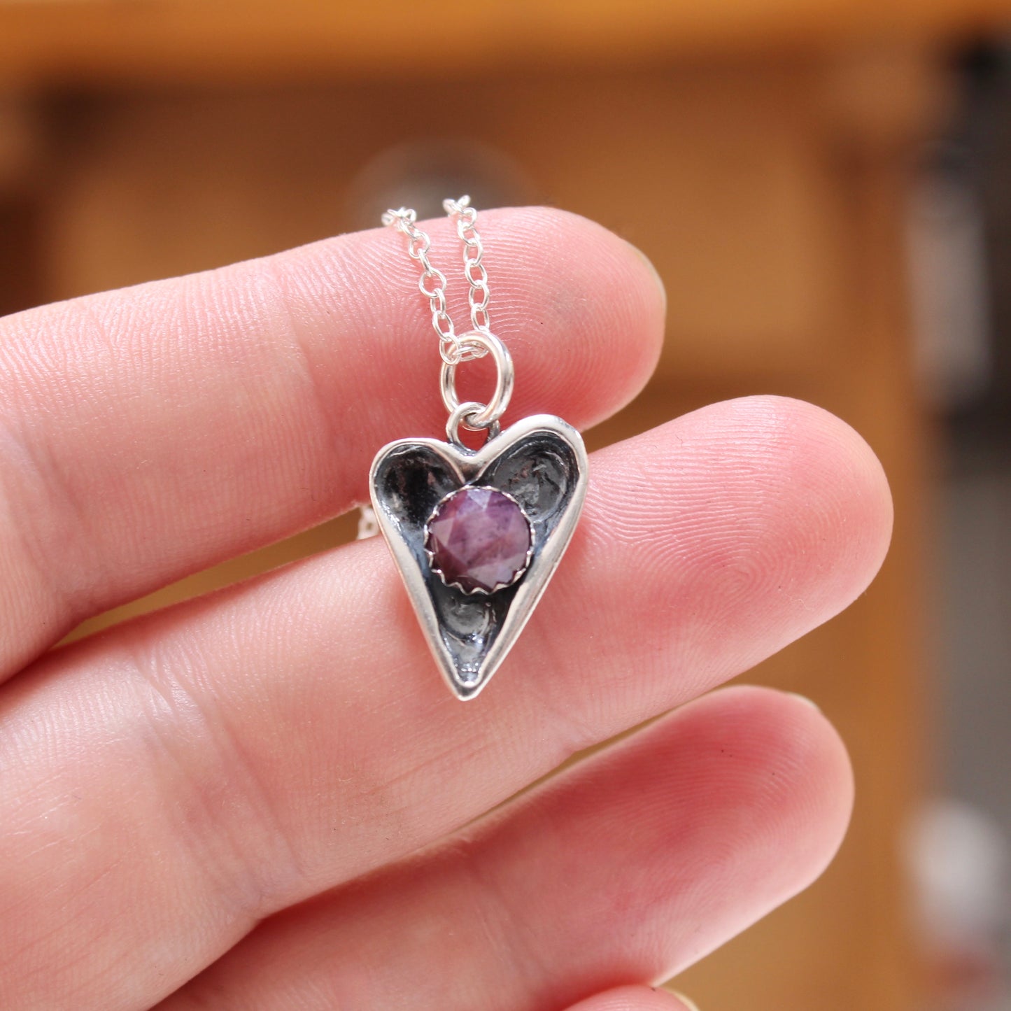 Heart Pendant with Rose Cut Pink Star Sapphire on Adjustable Sterling Chain