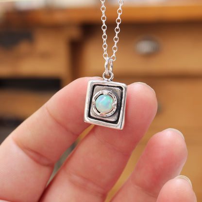 Rustic Square Prong Set Opal Pendant Necklace on Adjustable Chain