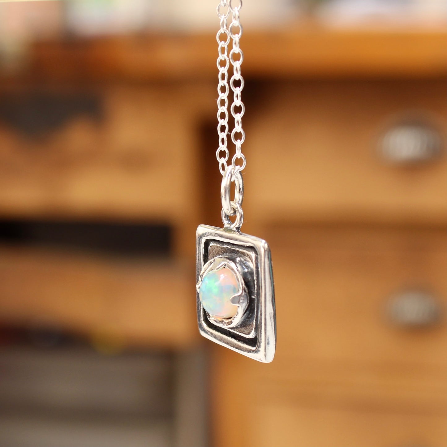Rustic Square Prong Set Opal Pendant Necklace on Adjustable Chain
