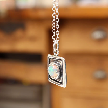 Rustic Square Prong Set Opal Pendant Necklace on Adjustable Chain