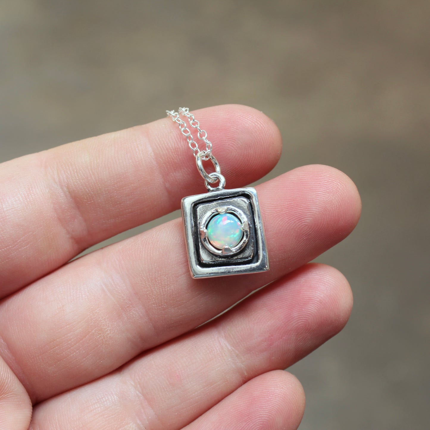 Rustic Square Prong Set Opal Pendant Necklace on Adjustable Chain