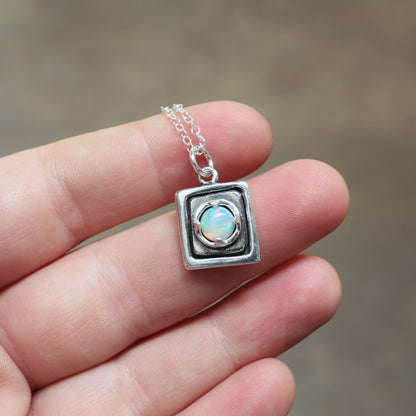 Rustic Square Prong Set Opal Pendant Necklace on Adjustable Chain