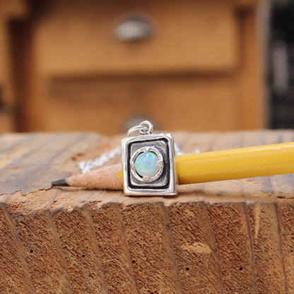 Rustic Square Prong Set Opal Pendant Necklace on Adjustable Chain
