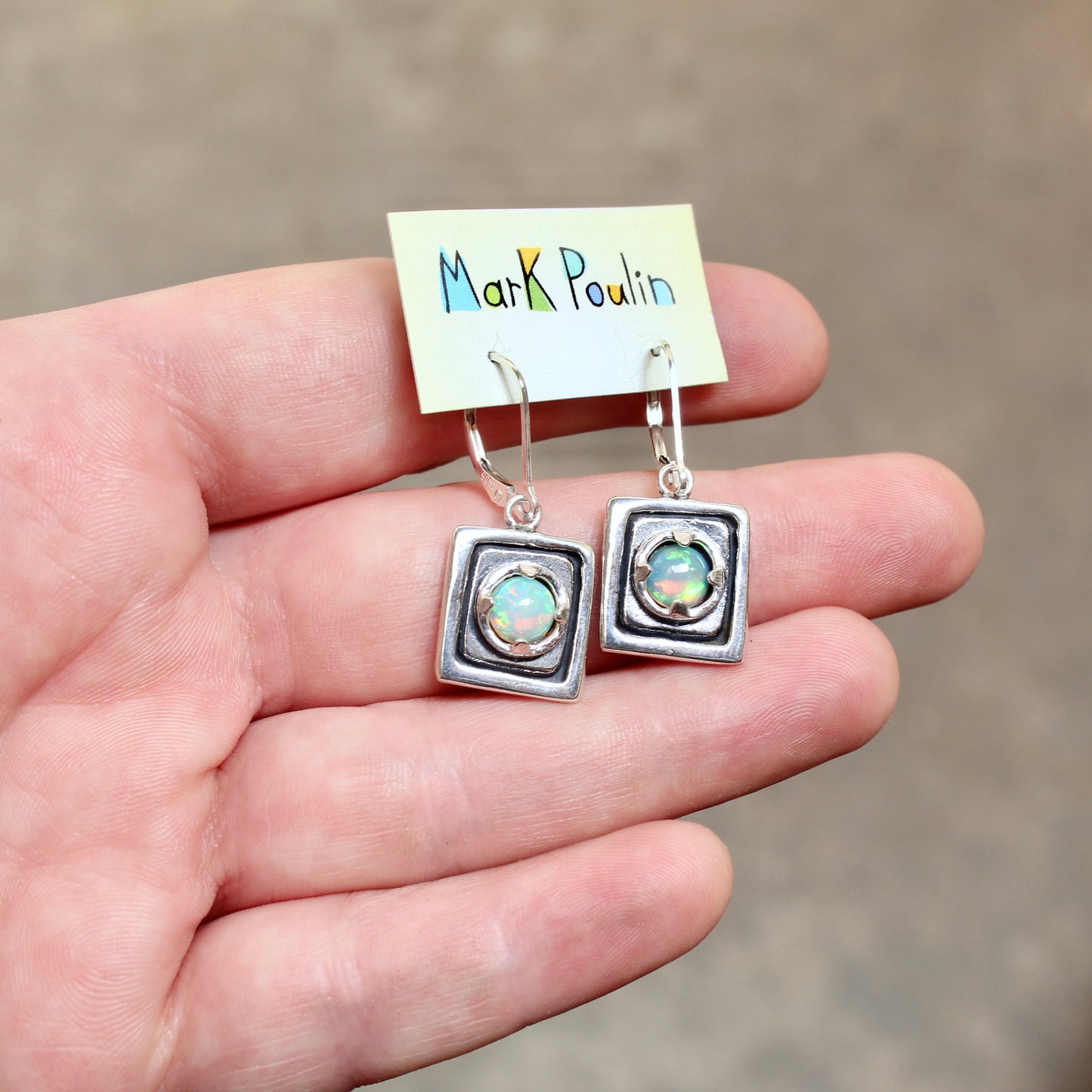 Rustic Square Prong Set Opal Earrings on Lever Back Ear Wires