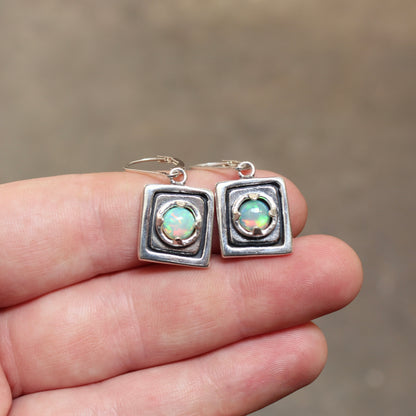 Rustic Square Prong Set Opal Earrings on Lever Back Ear Wires