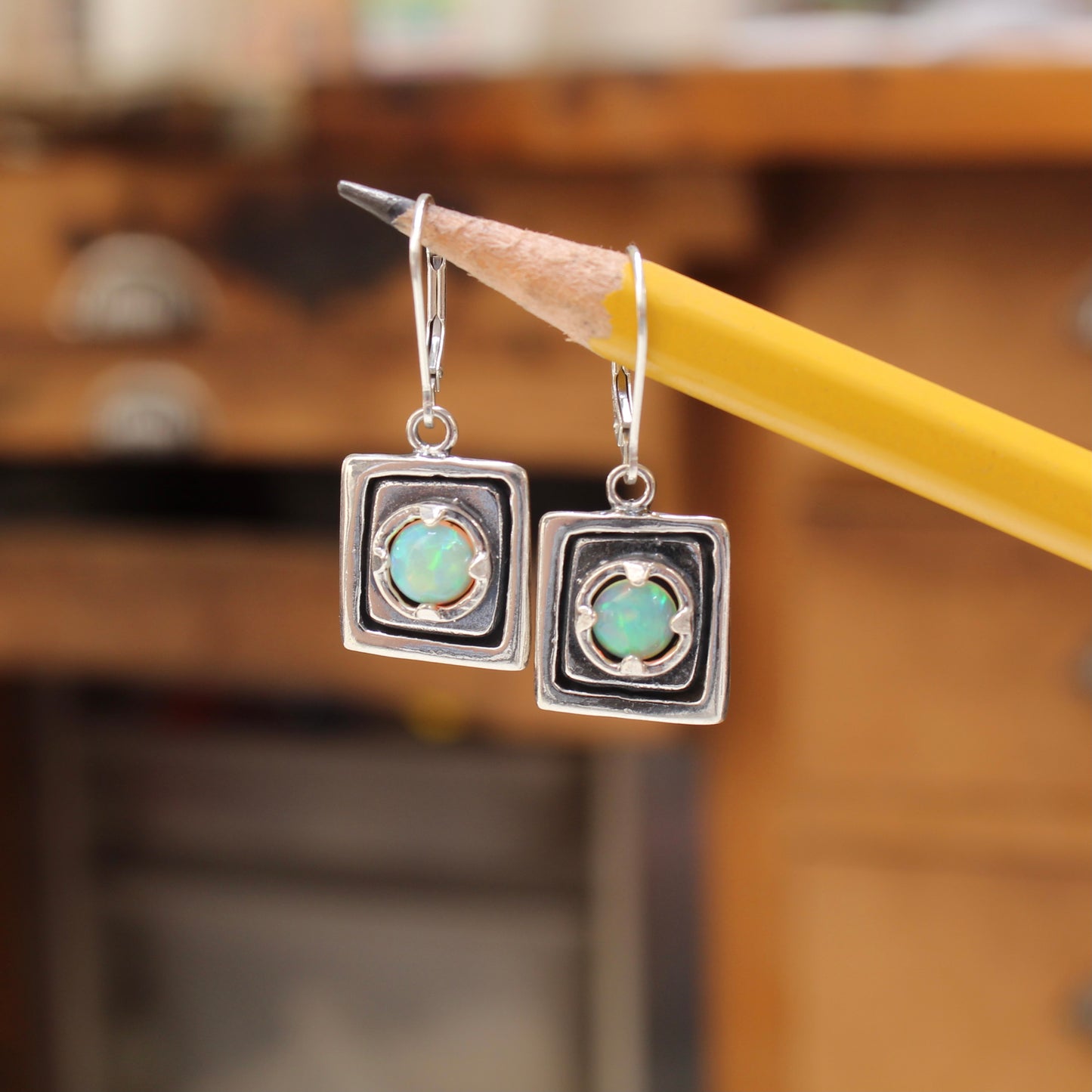 Rustic Square Prong Set Opal Earrings on Lever Back Ear Wires