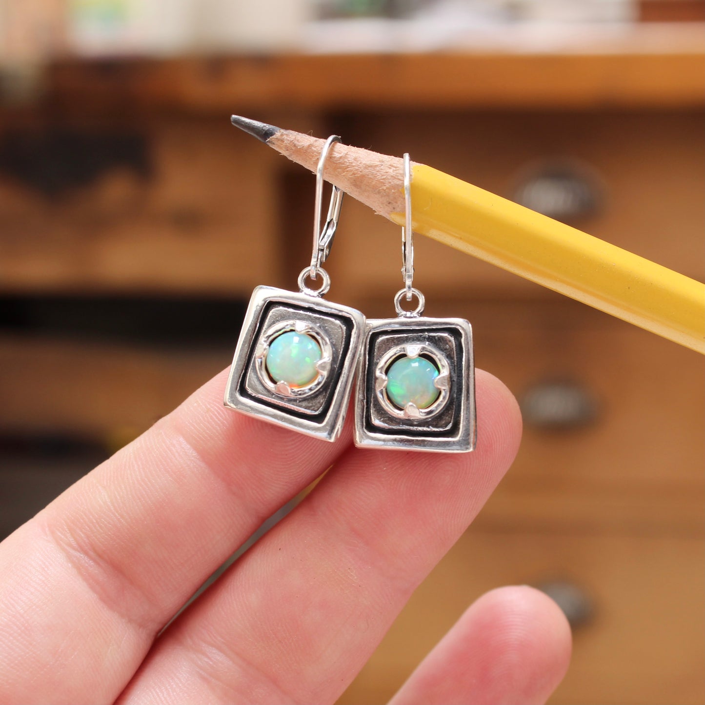 Rustic Square Prong Set Opal Earrings on Lever Back Ear Wires
