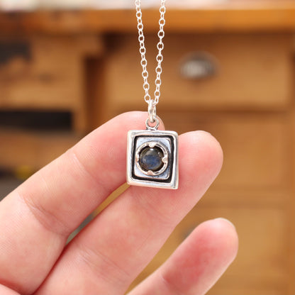 Rustic Square Prong Set Labradorite Pendant Necklace on Adjustable Chain
