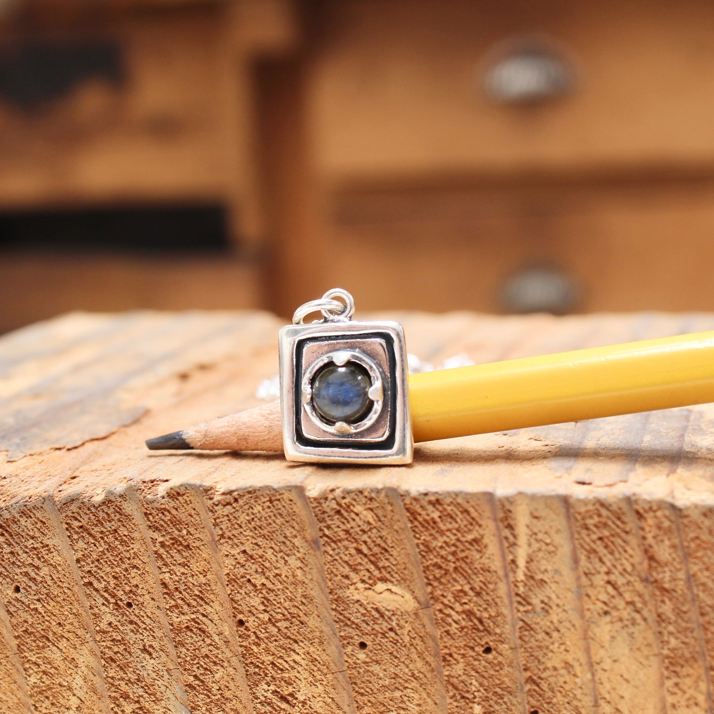 Rustic Square Prong Set Labradorite Pendant Necklace on Adjustable Chain