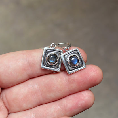 Rustic Square Prong Set Labradorite Earrings on Leverback Ear Wires
