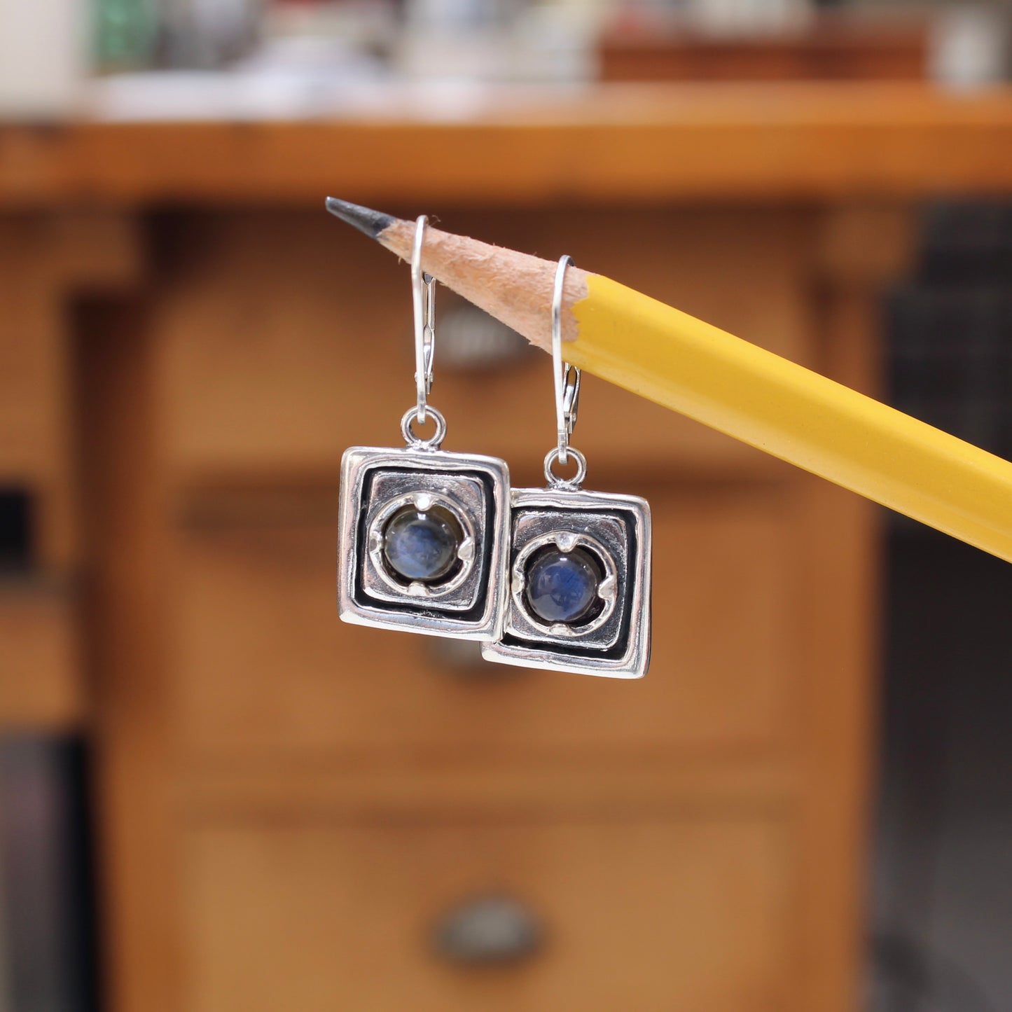 Rustic Square Prong Set Labradorite Earrings on Leverback Ear Wires