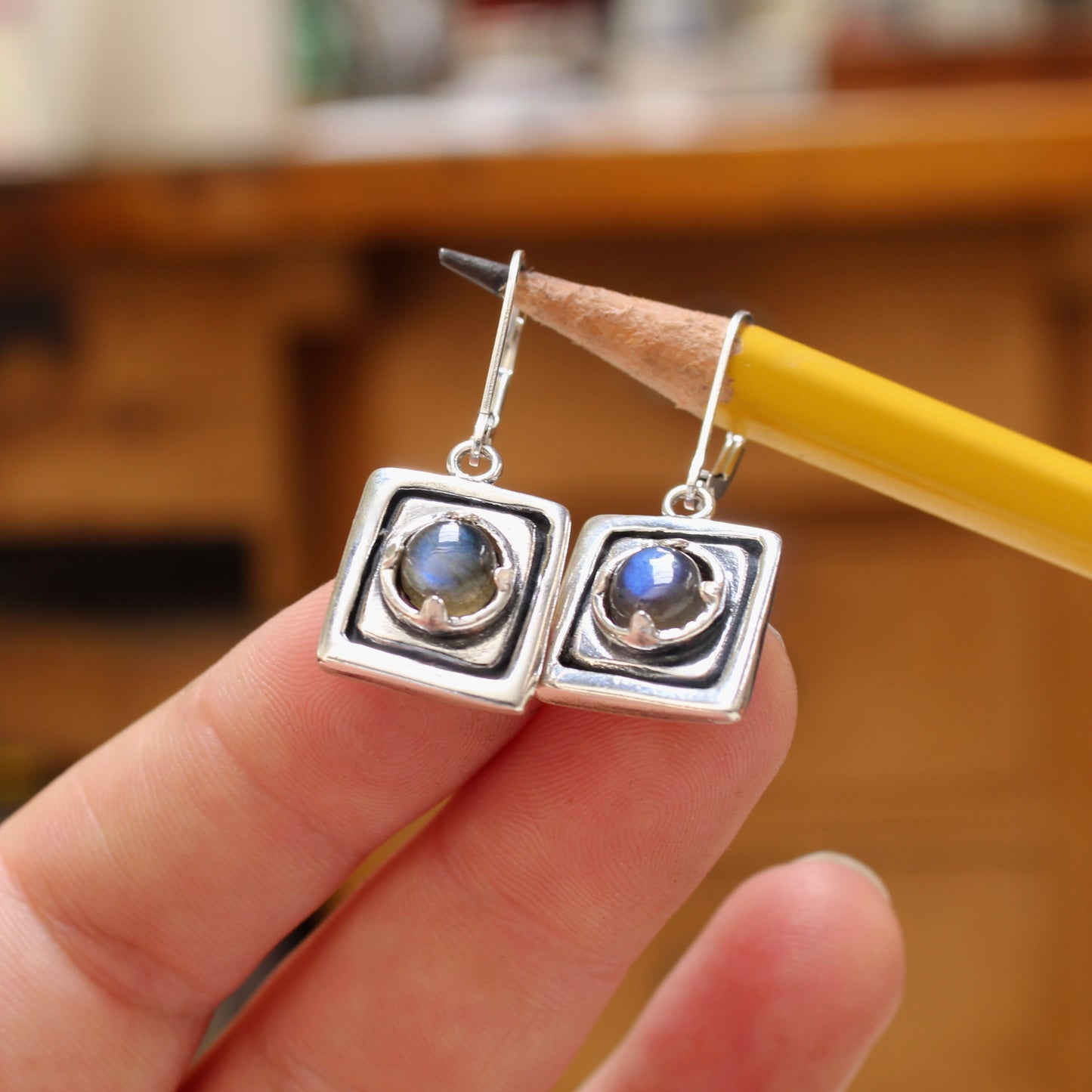 Rustic Square Prong Set Labradorite Earrings on Leverback Ear Wires