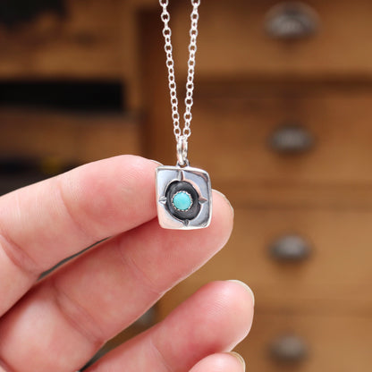 Rustic Shadow Box Turquoise Pendant with Geometric Detail