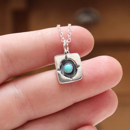 Rustic Shadow Box Turquoise Pendant with Geometric Detail