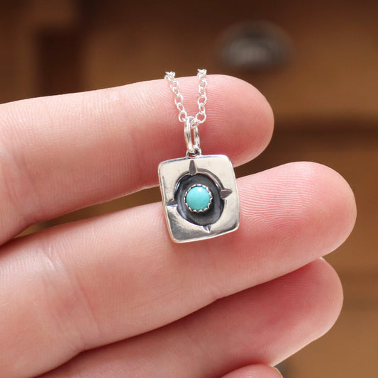 Rustic Shadow Box Turquoise Pendant with Geometric Detail