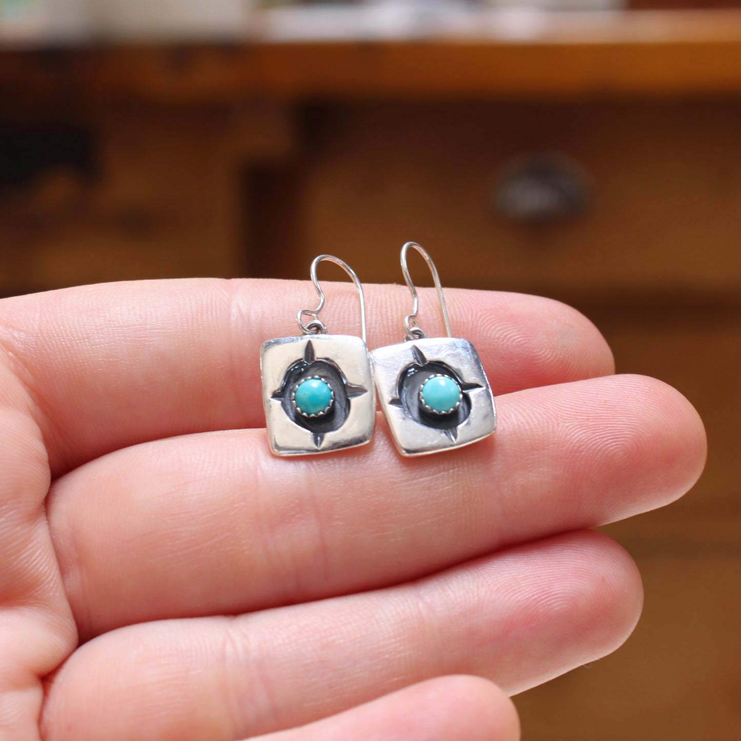 Rustic Shadow Box Turquoise Earrings with Geometric Detail
