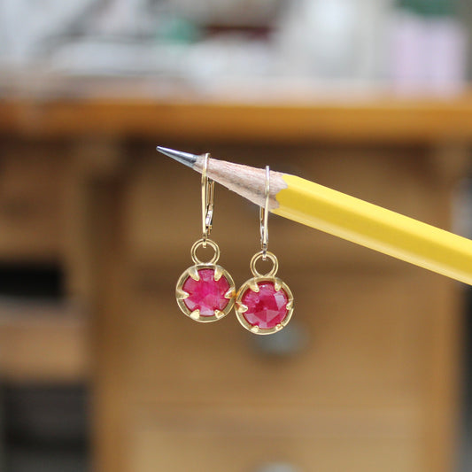 Ruby Earrings - Prong Set Gold Dipped Gemstone Dangle Earrings - Ruby Lever Backs