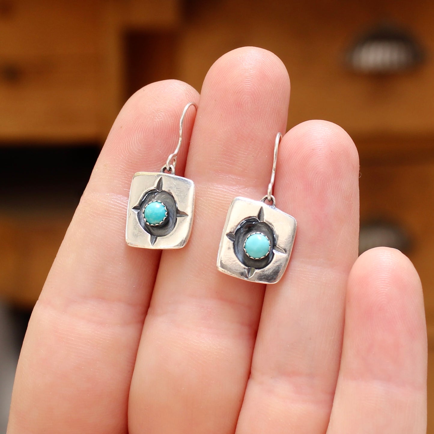 Rustic Shadow Box Turquoise Earrings with Geometric Detail
