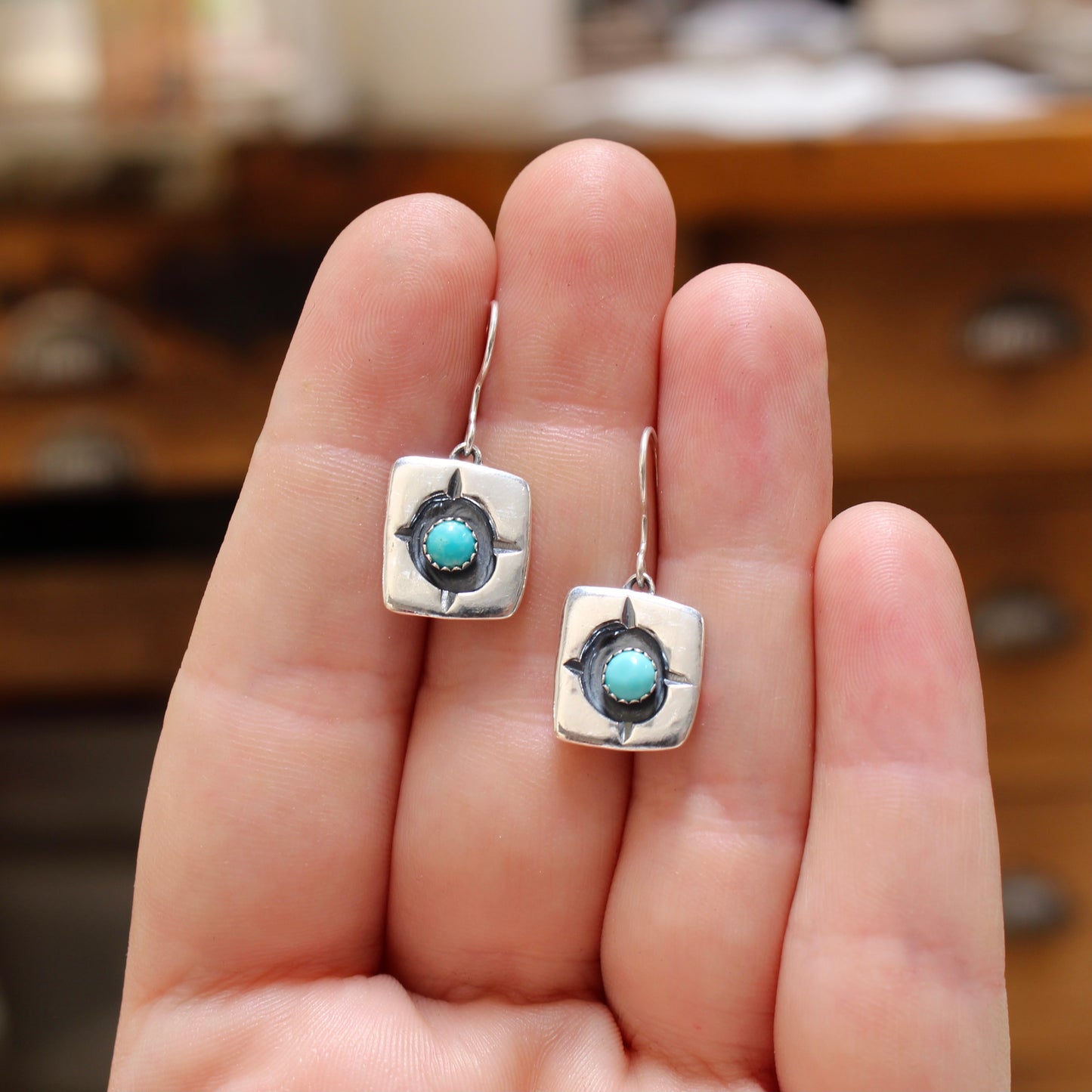Rustic Shadow Box Turquoise Earrings with Geometric Detail