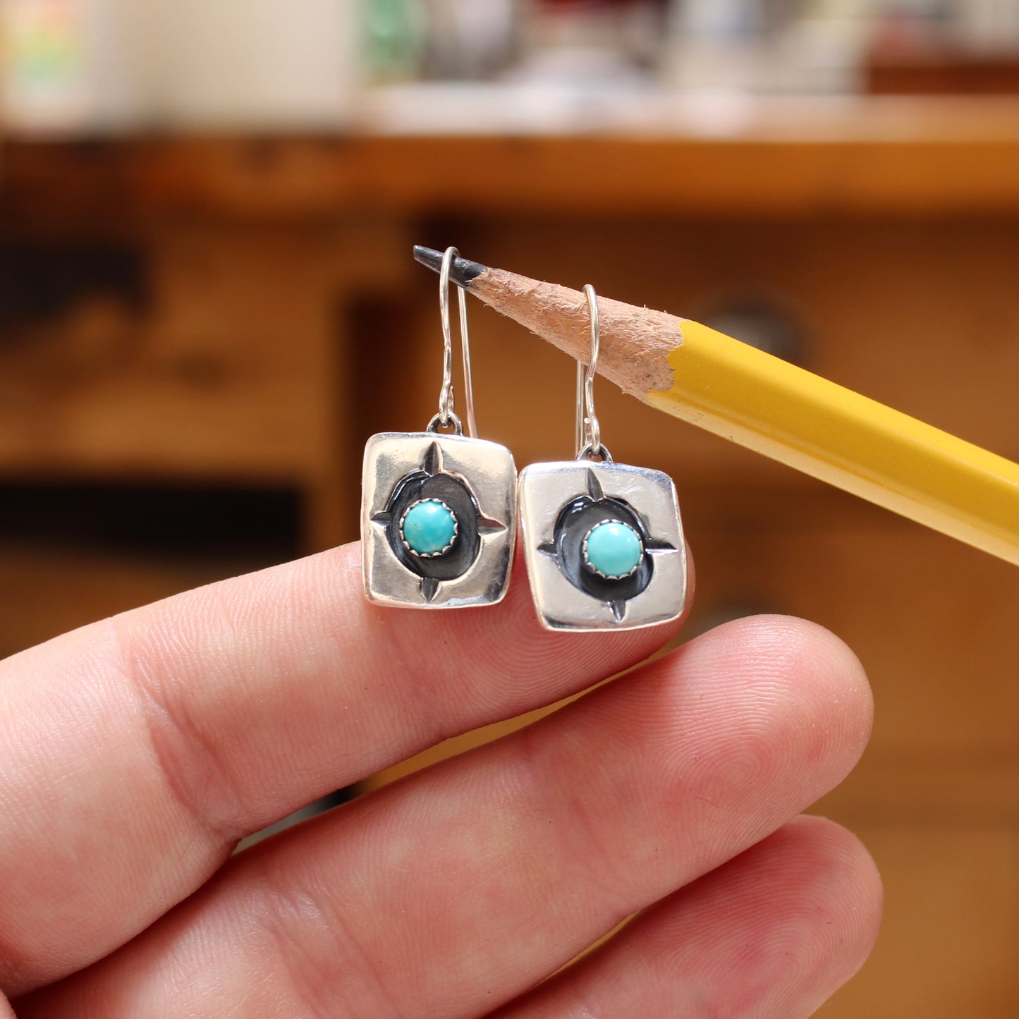 Rustic Shadow Box Turquoise Earrings with Geometric Detail