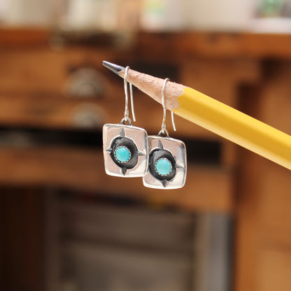 Rustic Shadow Box Turquoise Earrings with Geometric Detail