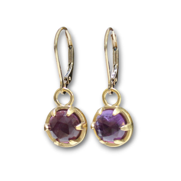 Rose Cut Amethyst Earrings - Prong Set Gold Dipped Gemstone Dangle Earrings - Purple Lever Back