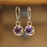 Rose Cut Amethyst Earrings - Prong Set Gold Dipped Gemstone Dangle Earrings - Purple Lever Back
