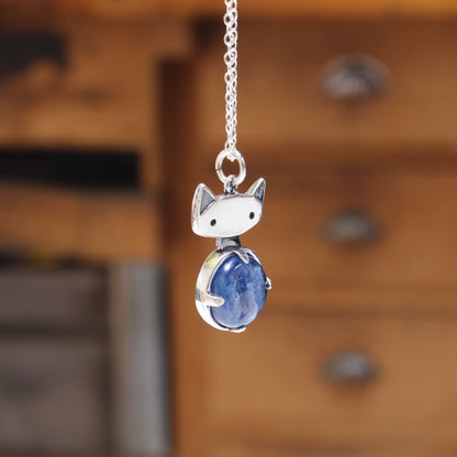 Prong Set Kyanite Cat Necklace in Sterling Silver