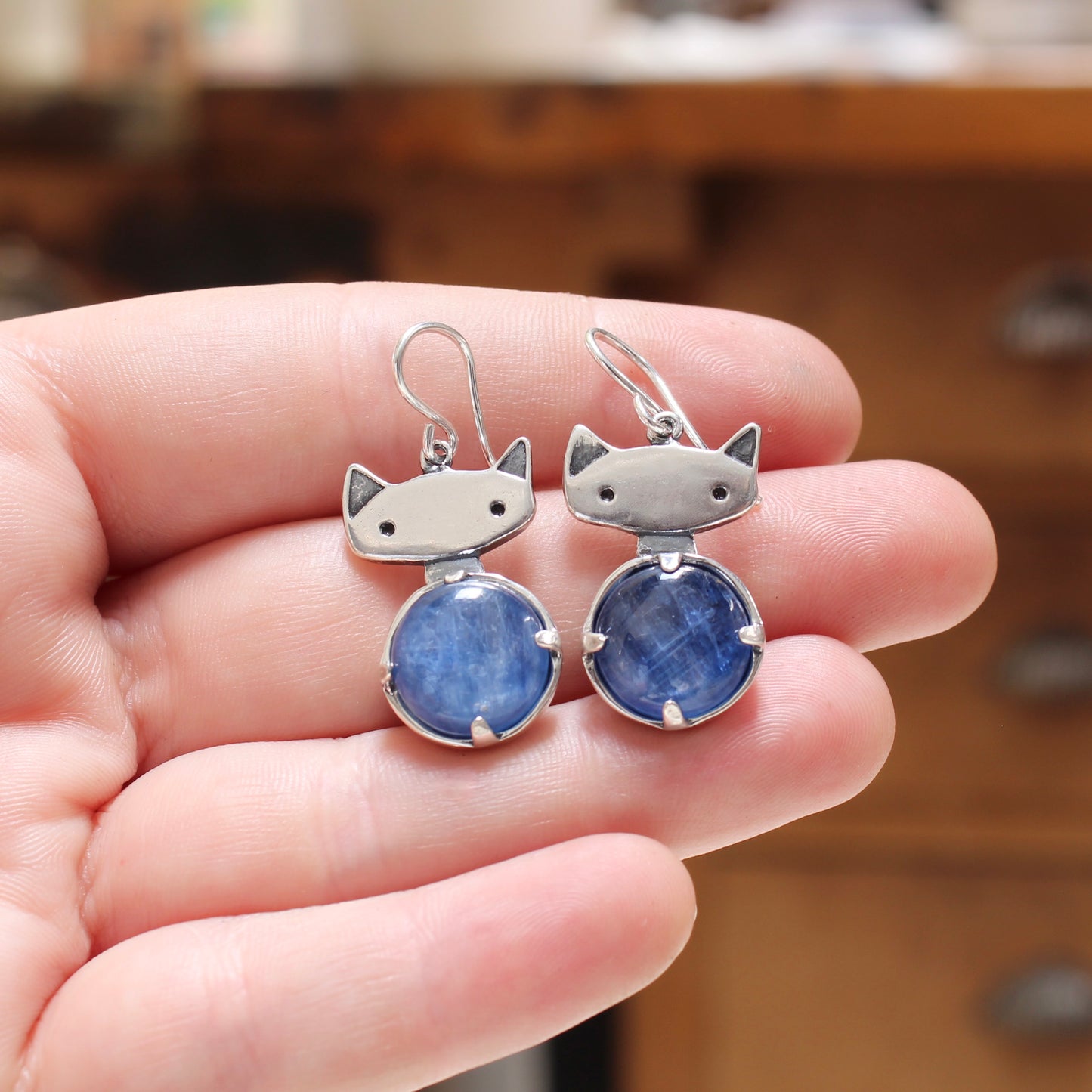 Prong Set Kyanite Cat Earrings in Sterling Silver