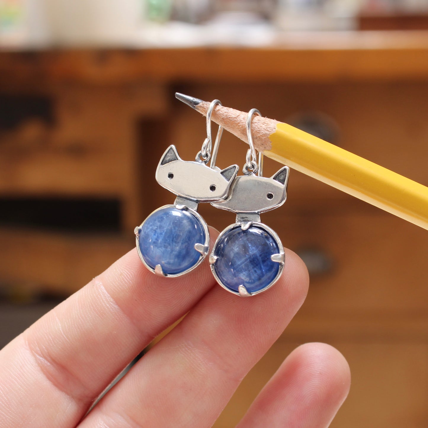 Prong Set Kyanite Cat Earrings in Sterling Silver