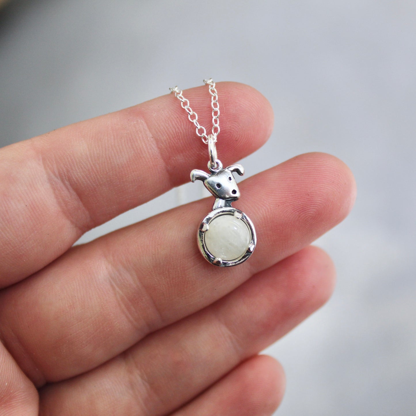 Moon Dog Charm Necklace - Sterling Silver and Moonstone Puppy Pendant