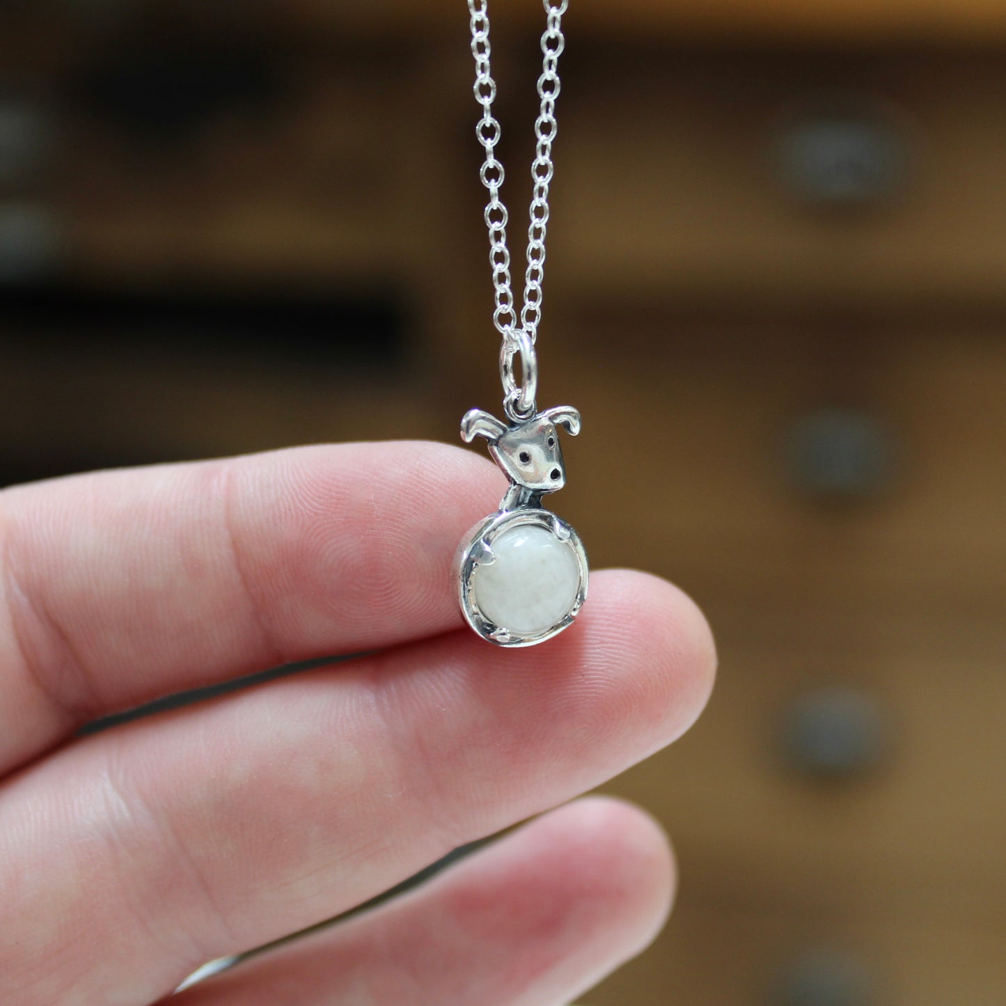 Moon Dog Charm Necklace - Sterling Silver and Moonstone Puppy Pendant