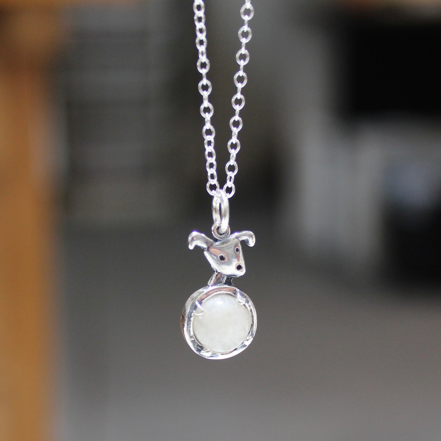 Moon Dog Charm Necklace - Sterling Silver and Moonstone Puppy Pendant