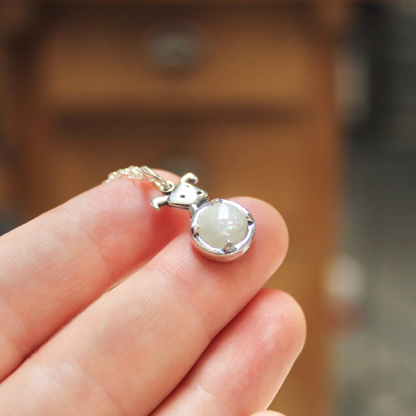 Moon Dog Charm Necklace - Sterling Silver and Moonstone Puppy Pendant