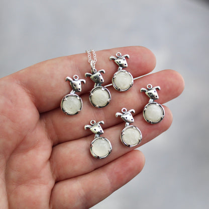 Moon Dog Charm Necklace - Sterling Silver and Moonstone Puppy Pendant