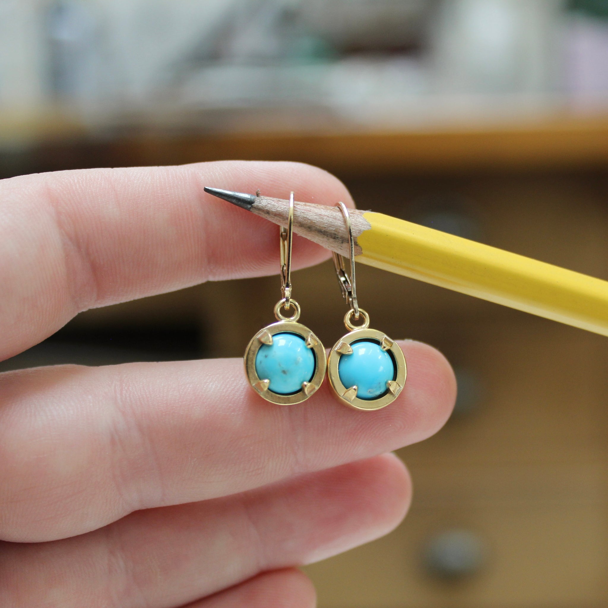 Turquoise Earrings Prong Set Gold Dipped Gemstone Dangle Earrings Mark Poulin Jewelry