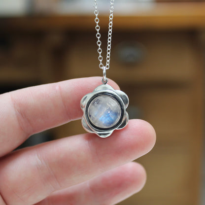 Moonstone and Sterling Silver Flower Pendant Necklace