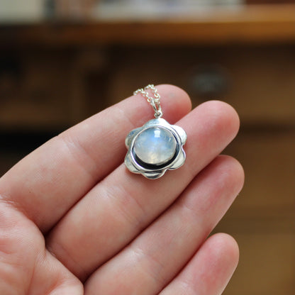 Moonstone and Sterling Silver Flower Pendant Necklace